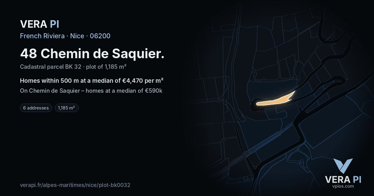 48 Chemin de Saquier, Nice at night – the plot lit, the parcels around coloured by the prices near them