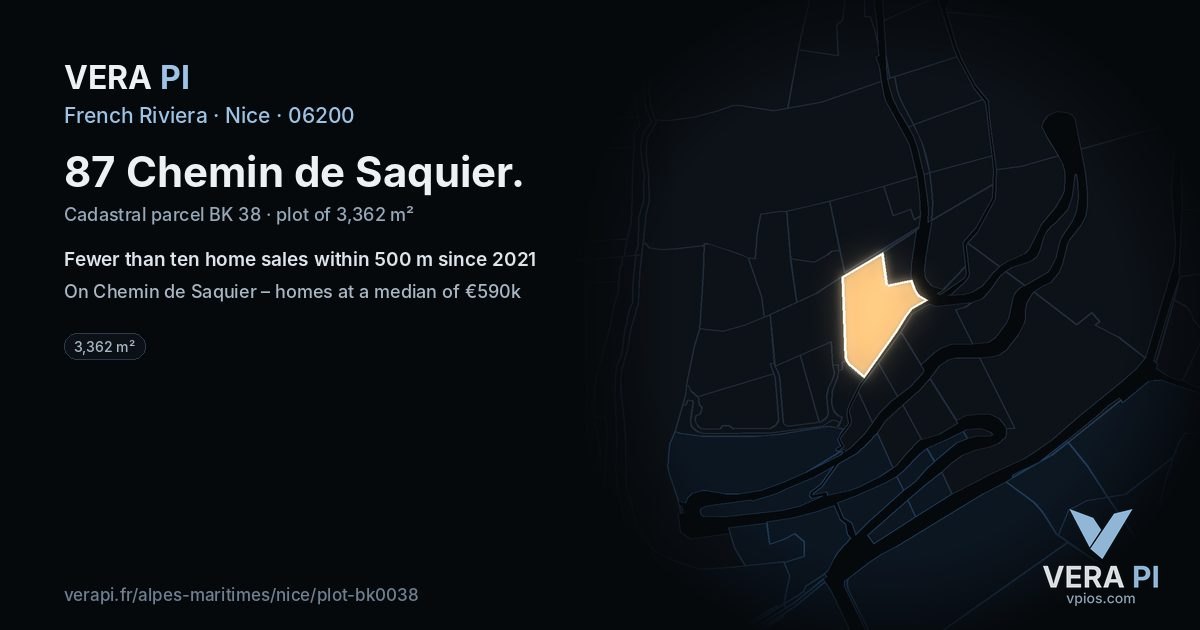 87 Chemin de Saquier, Nice at night – the plot lit, the parcels around coloured by the prices near them