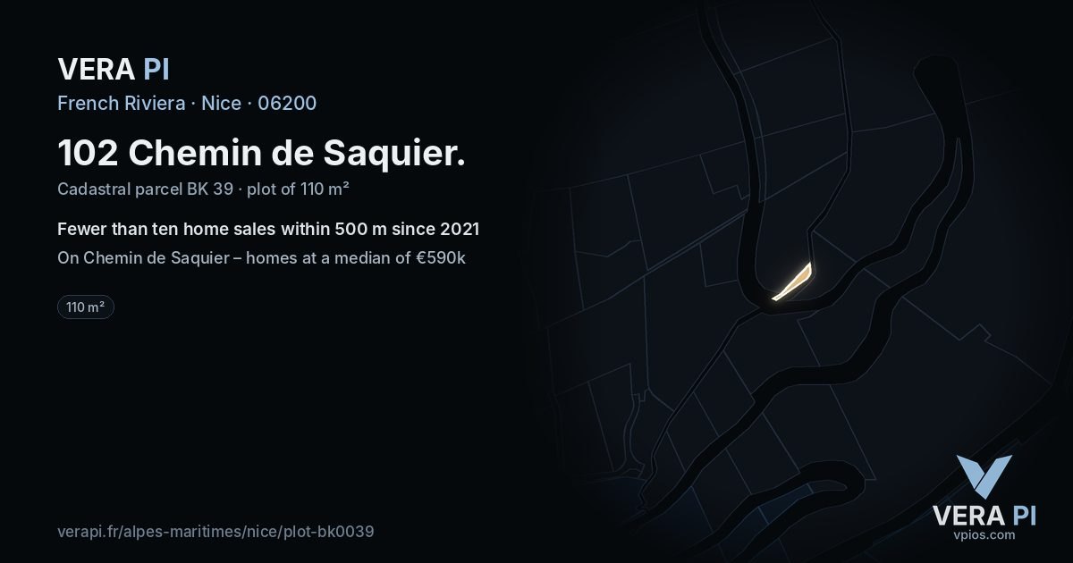 102 Chemin de Saquier, Nice at night – the plot lit, the parcels around coloured by the prices near them