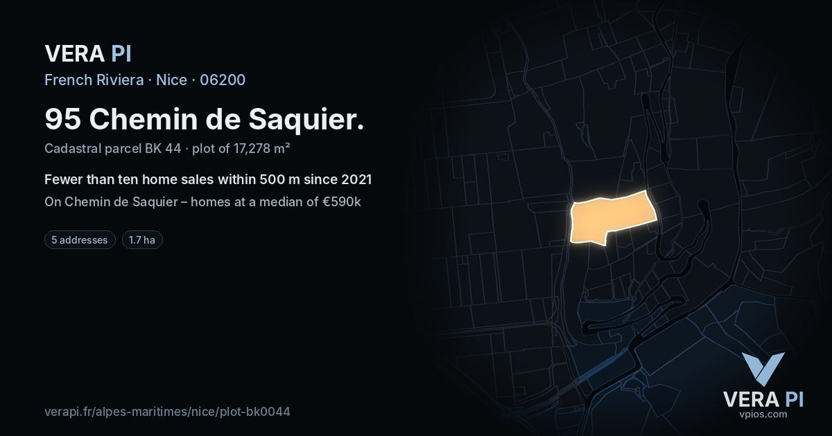 95 Chemin de Saquier, Nice at night – the plot lit, the parcels around coloured by the prices near them