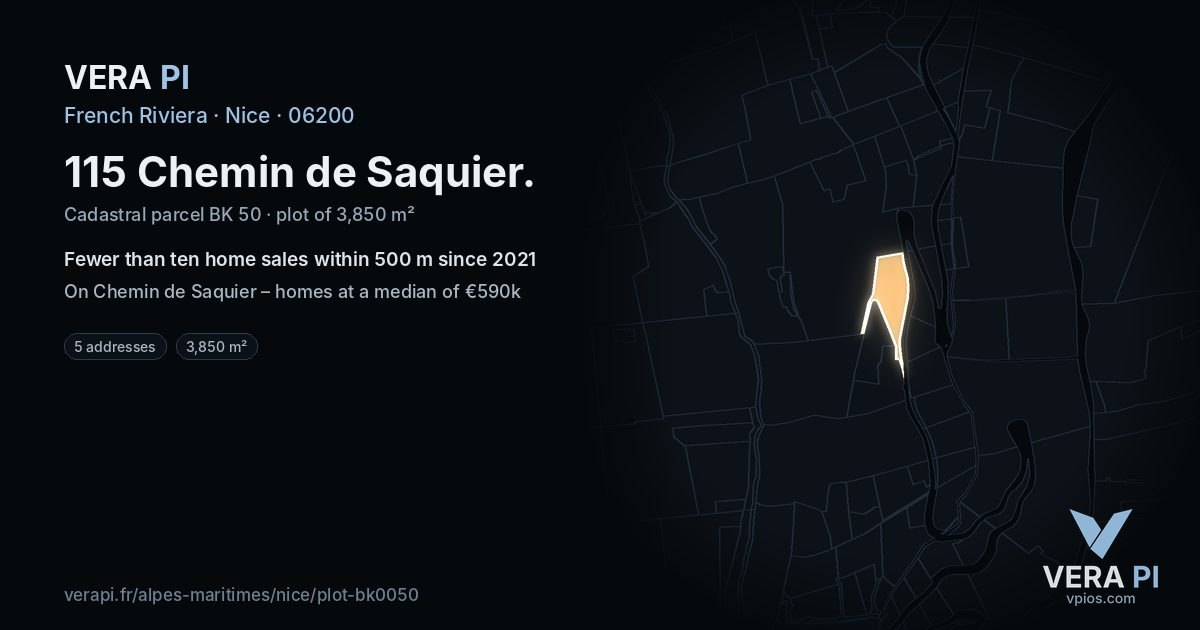115 Chemin de Saquier, Nice at night – the plot lit, the parcels around coloured by the prices near them