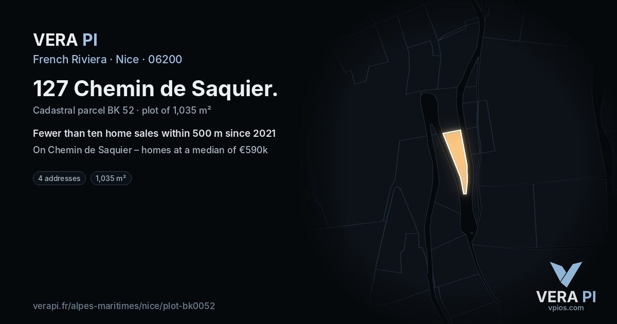 127 Chemin de Saquier, Nice at night – the plot lit, the parcels around coloured by the prices near them
