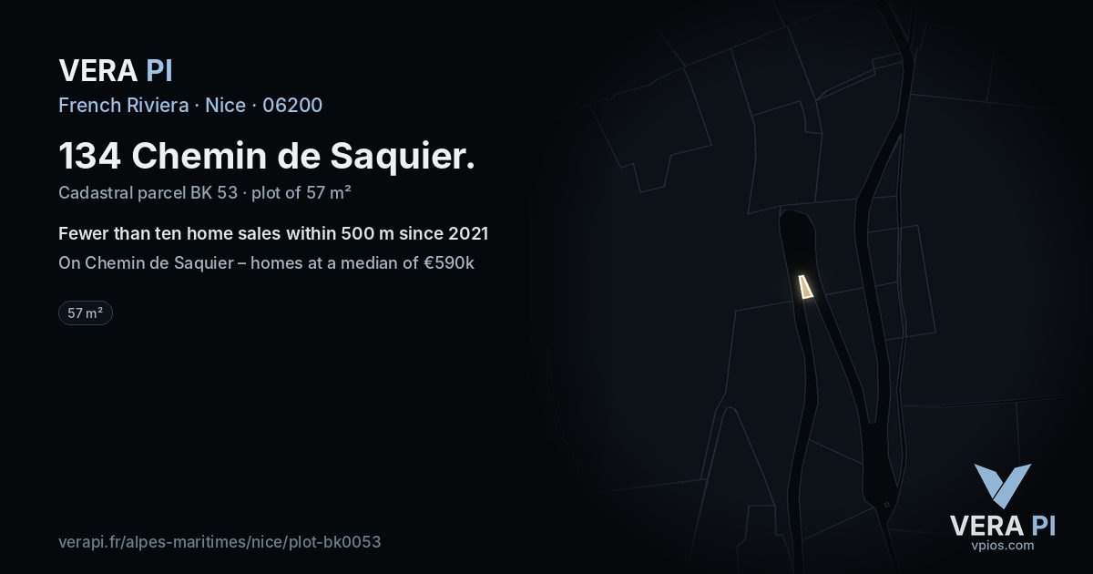 134 Chemin de Saquier, Nice at night – the plot lit, the parcels around coloured by the prices near them