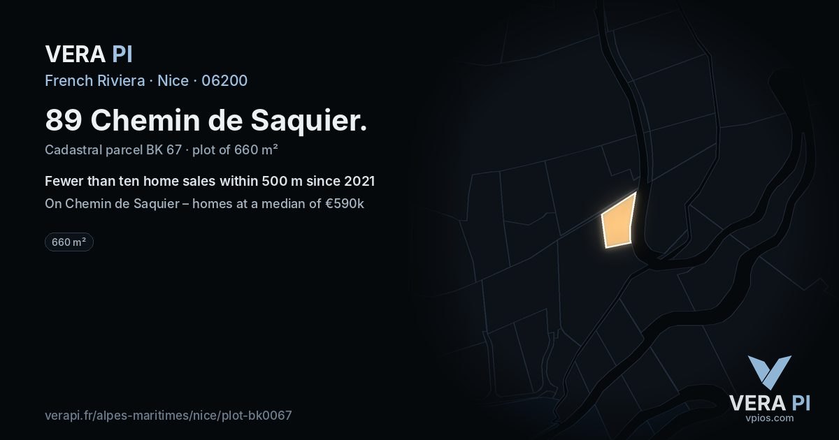 89 Chemin de Saquier, Nice at night – the plot lit, the parcels around coloured by the prices near them