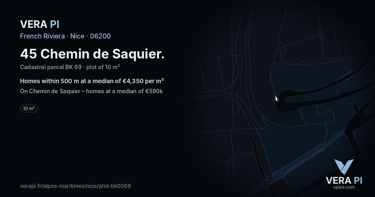 45 Chemin de Saquier, Nice at night – the plot lit, the parcels around coloured by the prices near them