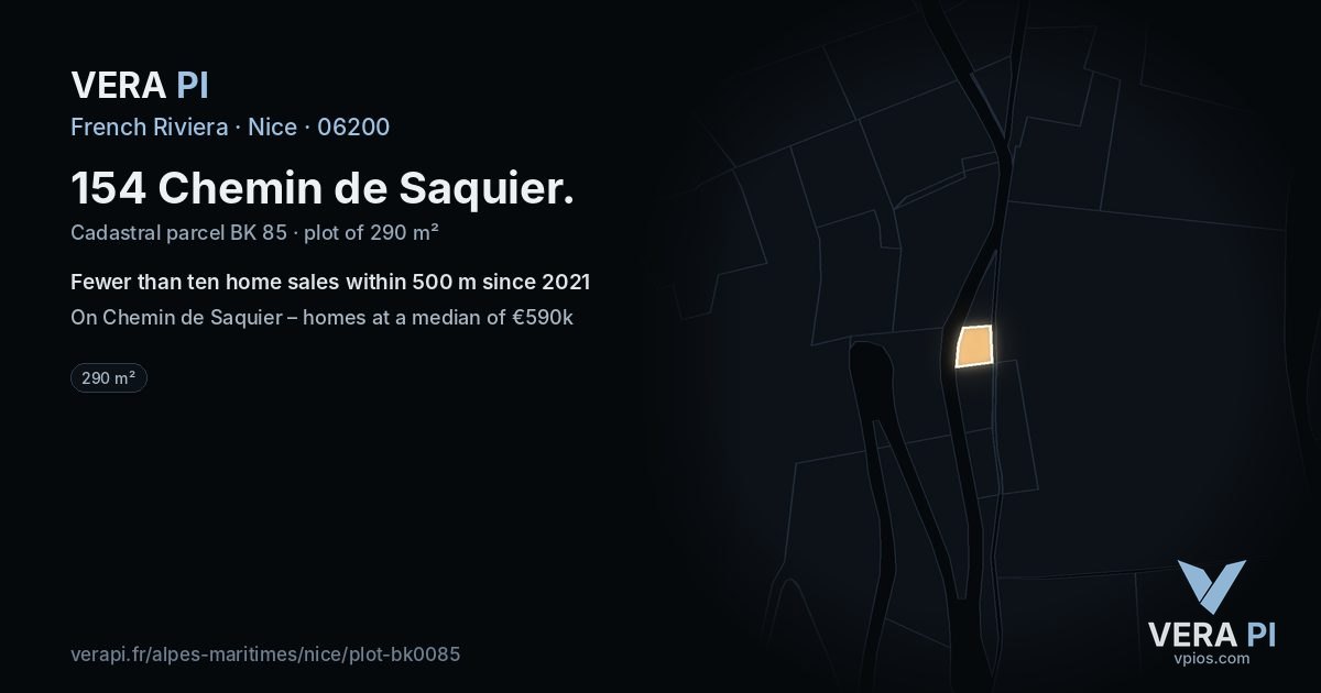 154 Chemin de Saquier, Nice at night – the plot lit, the parcels around coloured by the prices near them