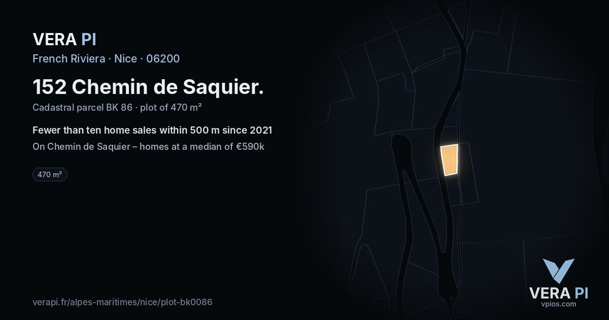 152 Chemin de Saquier, Nice at night – the plot lit, the parcels around coloured by the prices near them