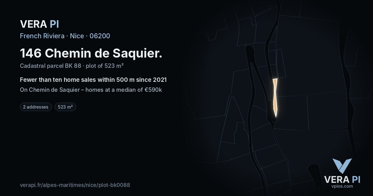 146 Chemin de Saquier, Nice at night – the plot lit, the parcels around coloured by the prices near them
