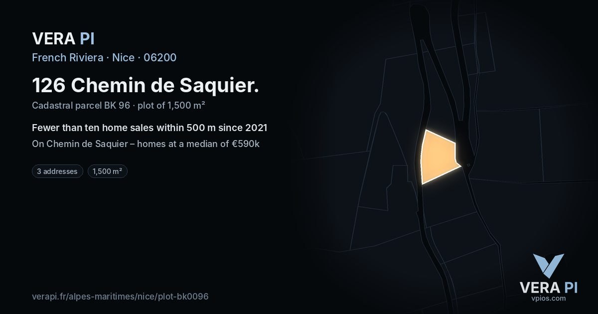 126 Chemin de Saquier, Nice at night – the plot lit, the parcels around coloured by the prices near them