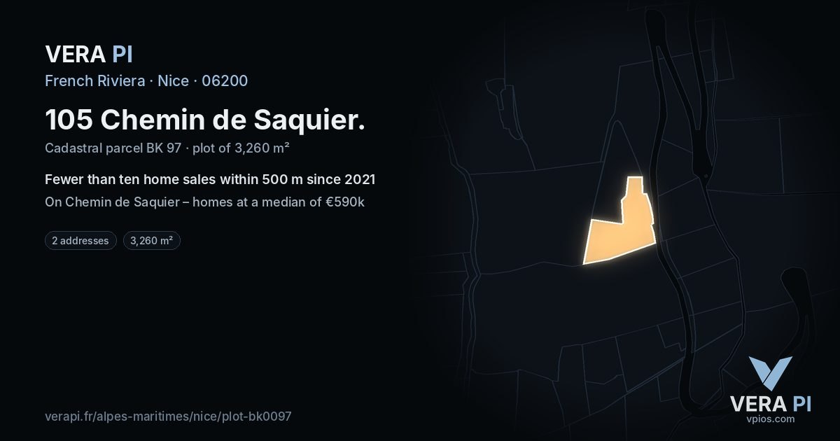 105 Chemin de Saquier, Nice at night – the plot lit, the parcels around coloured by the prices near them