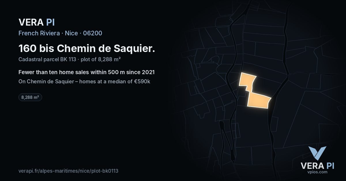 160 bis Chemin de Saquier, Nice at night – the plot lit, the parcels around coloured by the prices near them