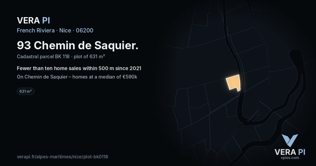 93 Chemin de Saquier, Nice at night – the plot lit, the parcels around coloured by the prices near them