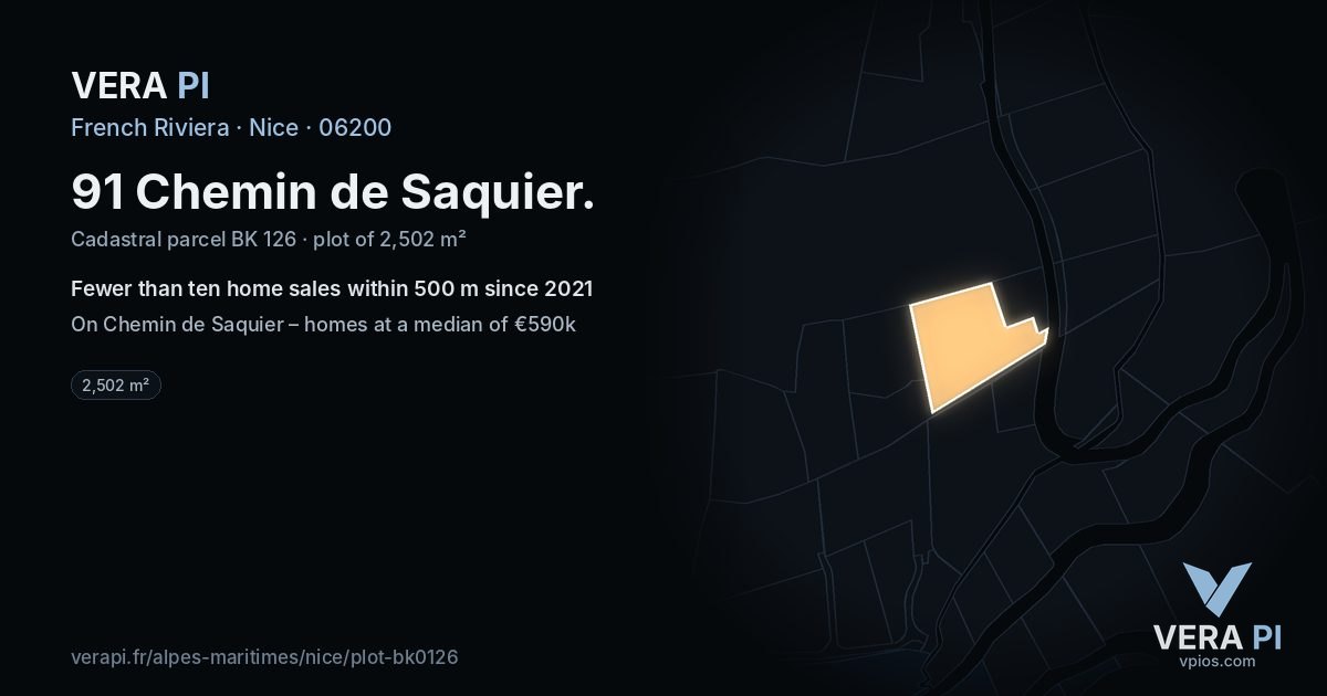 91 Chemin de Saquier, Nice at night – the plot lit, the parcels around coloured by the prices near them