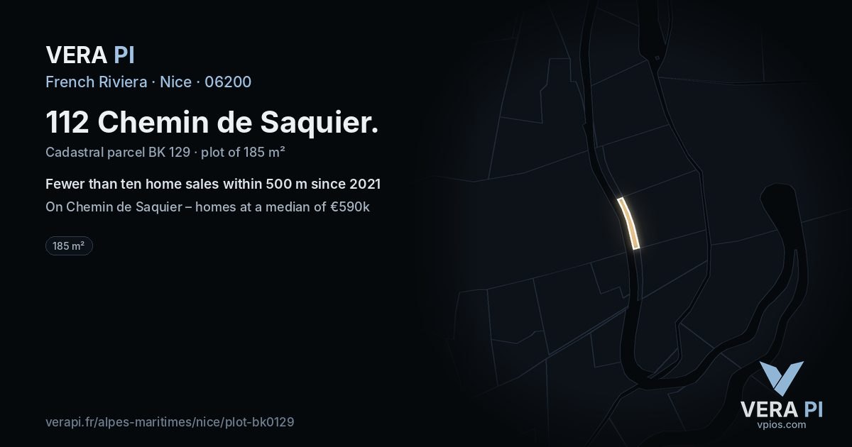 112 Chemin de Saquier, Nice at night – the plot lit, the parcels around coloured by the prices near them