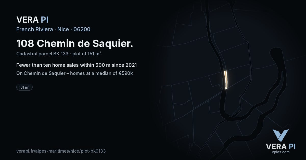 108 Chemin de Saquier, Nice at night – the plot lit, the parcels around coloured by the prices near them