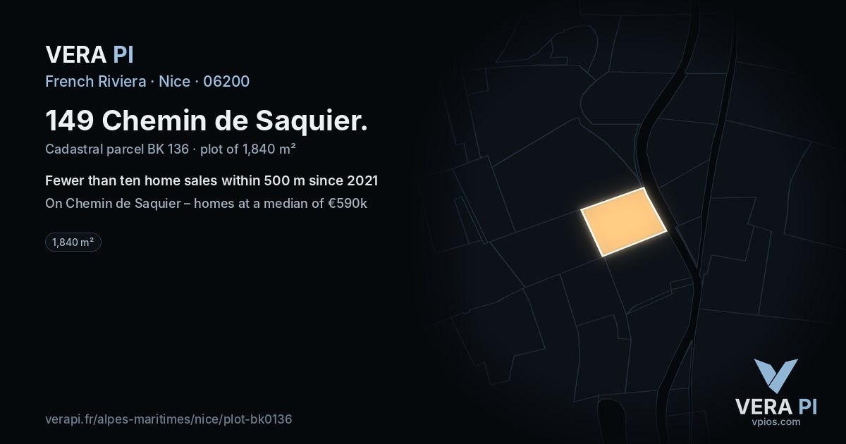 149 Chemin de Saquier, Nice at night – the plot lit, the parcels around coloured by the prices near them
