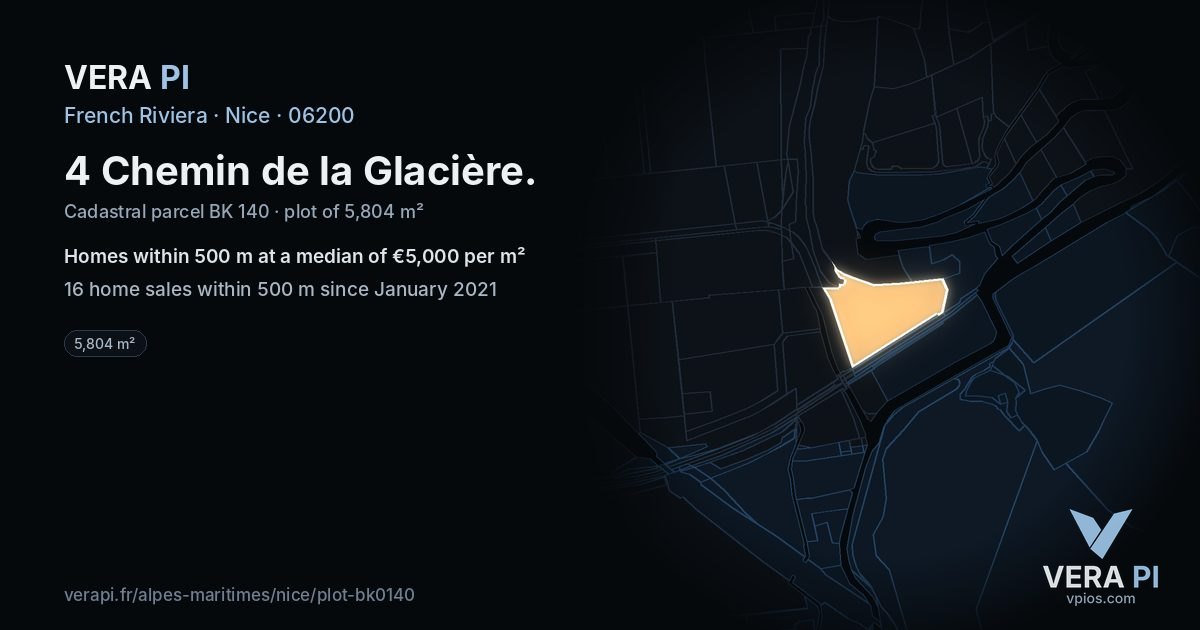 4 Chemin de la Glacière, Nice at night – the plot lit, the parcels around coloured by the prices near them