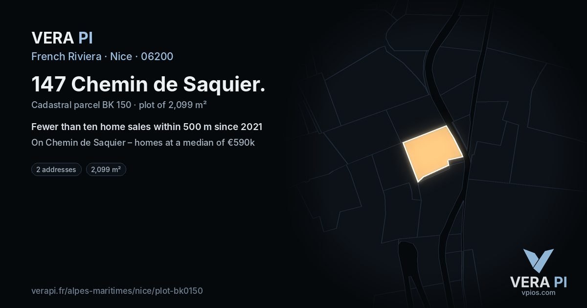 147 Chemin de Saquier, Nice at night – the plot lit, the parcels around coloured by the prices near them