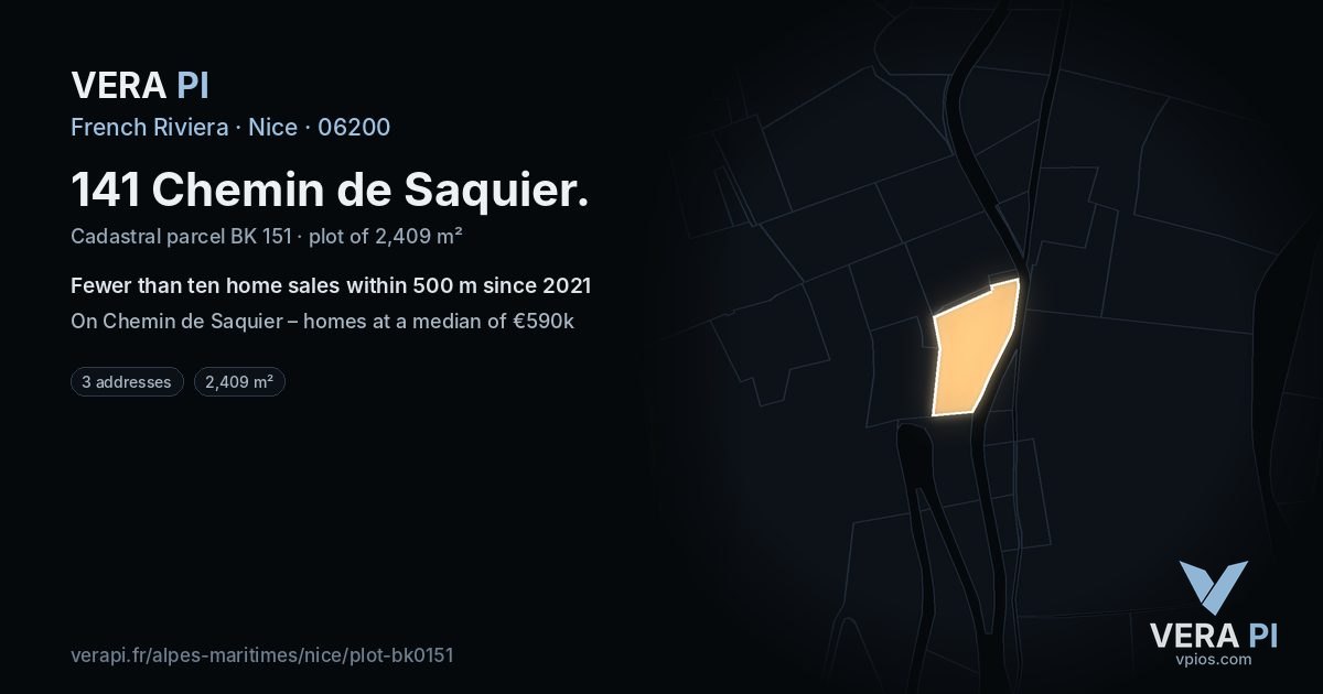 141 Chemin de Saquier, Nice at night – the plot lit, the parcels around coloured by the prices near them