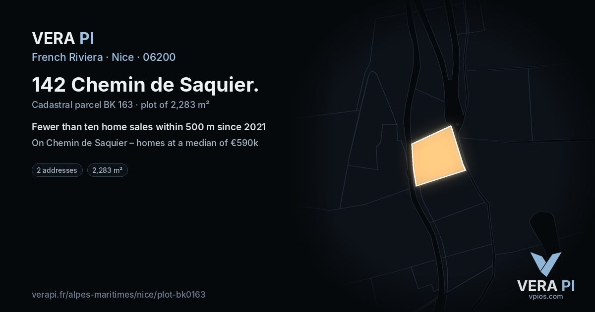142 Chemin de Saquier, Nice at night – the plot lit, the parcels around coloured by the prices near them