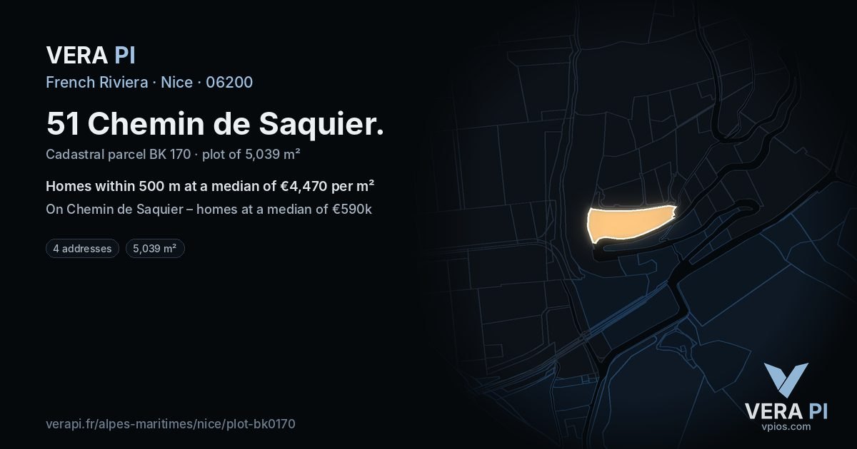 51 Chemin de Saquier, Nice at night – the plot lit, the parcels around coloured by the prices near them