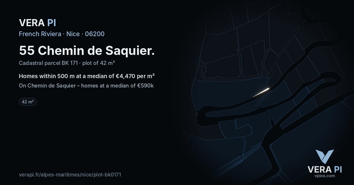 55 Chemin de Saquier, Nice at night – the plot lit, the parcels around coloured by the prices near them