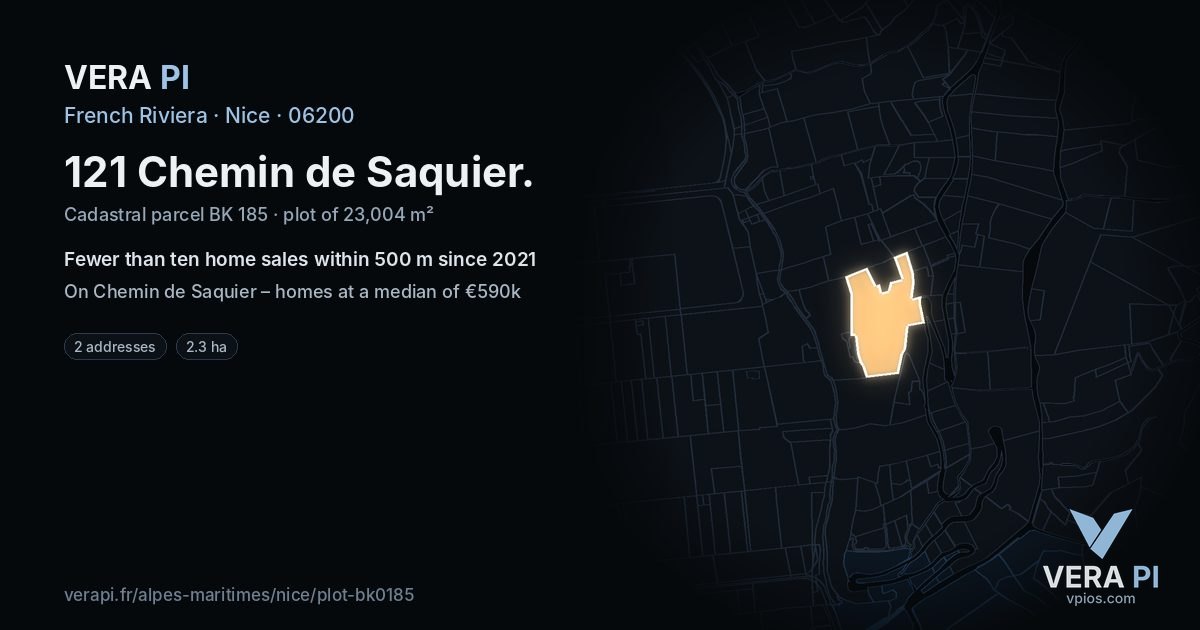 121 Chemin de Saquier, Nice at night – the plot lit, the parcels around coloured by the prices near them