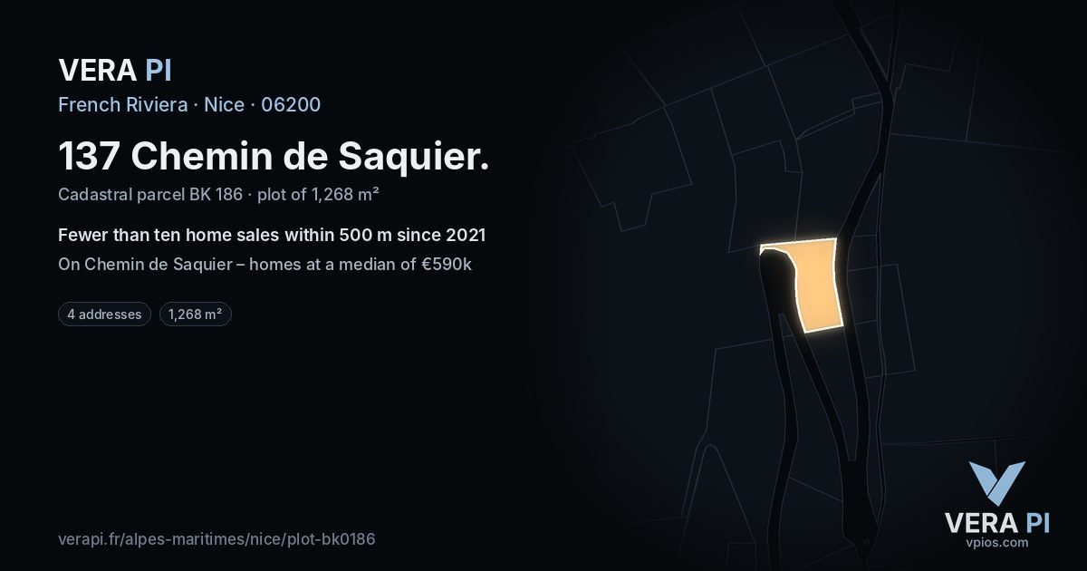 137 Chemin de Saquier, Nice at night – the plot lit, the parcels around coloured by the prices near them