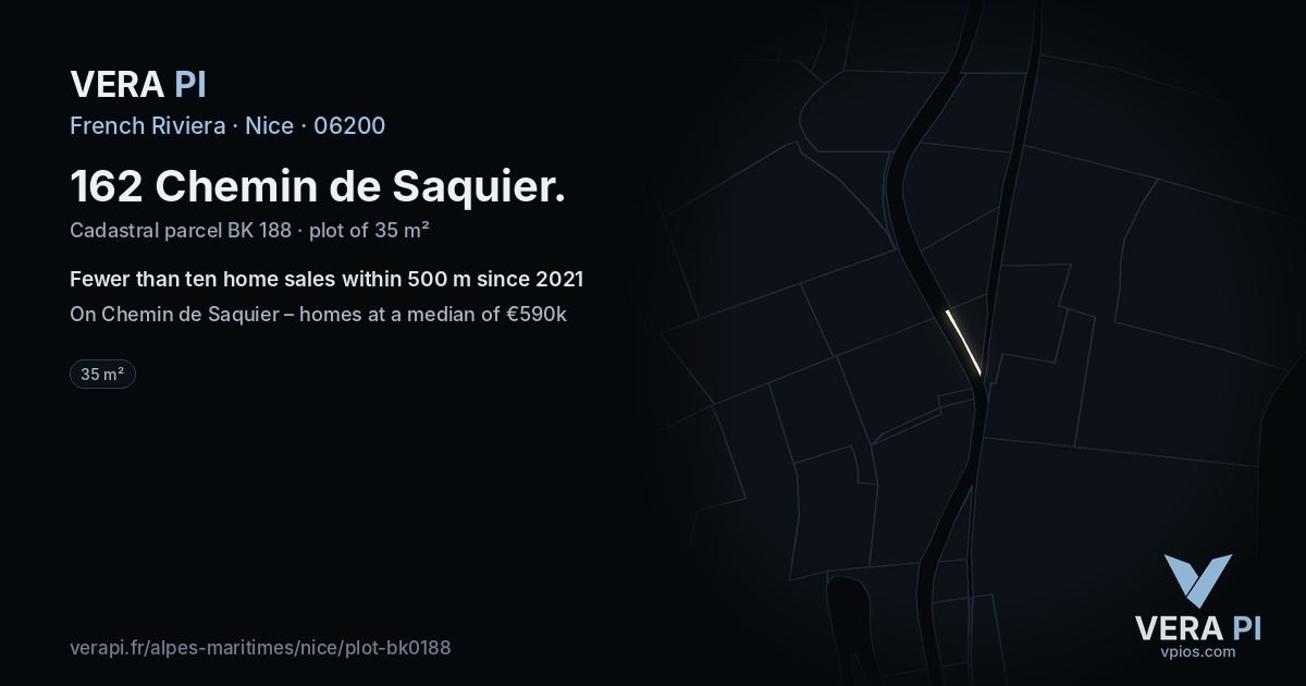 162 Chemin de Saquier, Nice at night – the plot lit, the parcels around coloured by the prices near them