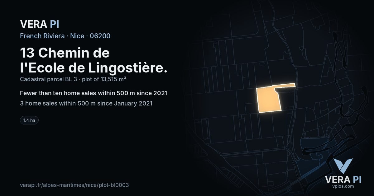 13 Chemin de l'Ecole de Lingostière, Nice at night – the plot lit, the parcels around coloured by the prices near them