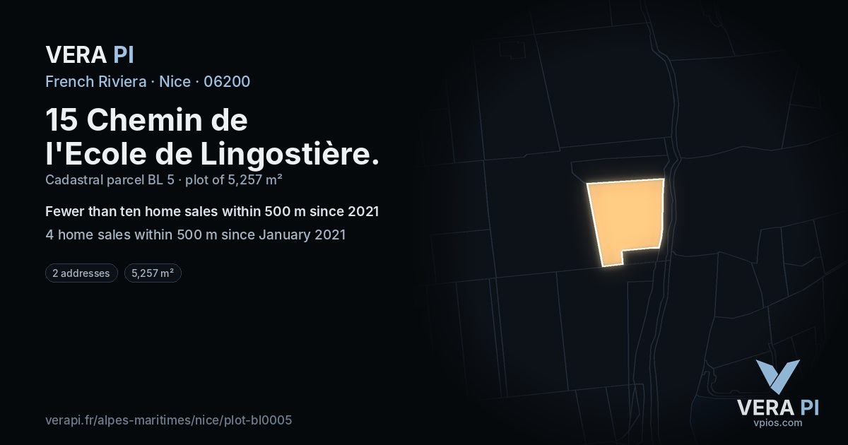 15 Chemin de l'Ecole de Lingostière, Nice at night – the plot lit, the parcels around coloured by the prices near them