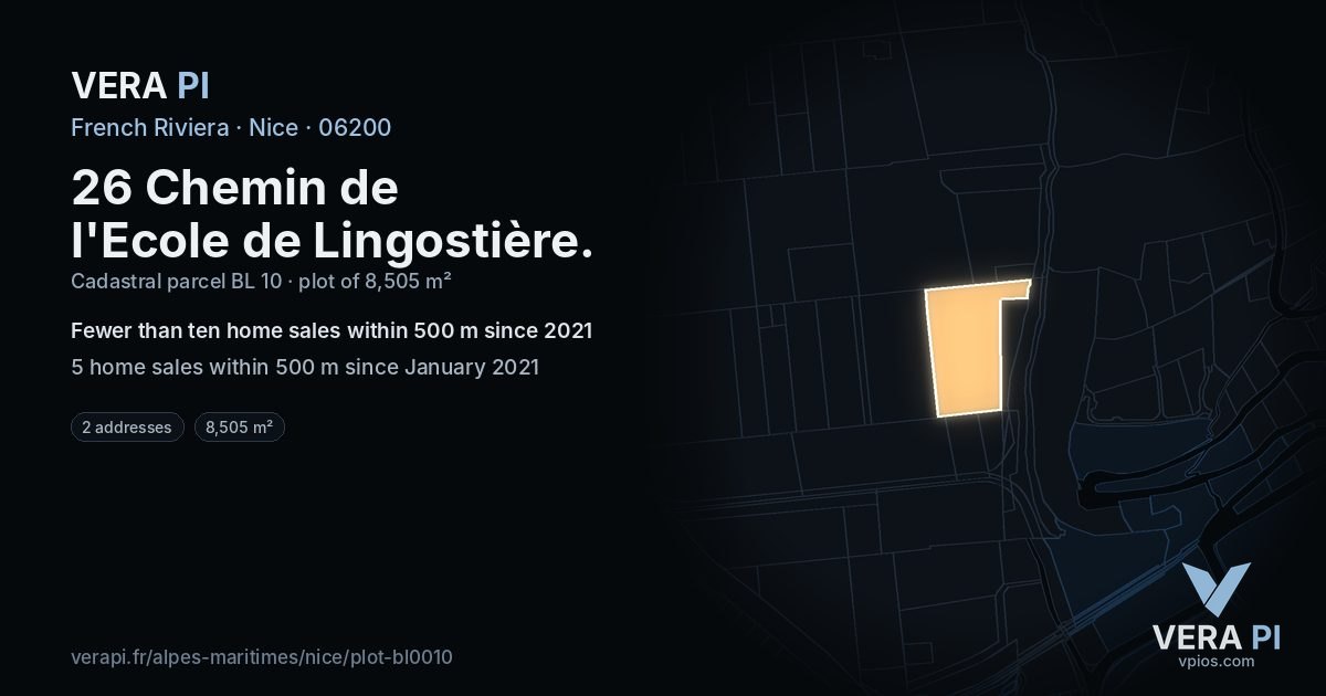26 Chemin de l'Ecole de Lingostière, Nice at night – the plot lit, the parcels around coloured by the prices near them