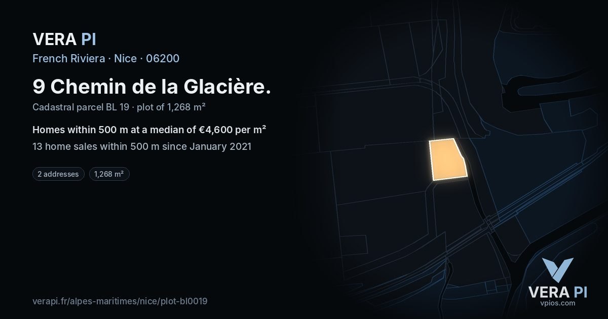9 Chemin de la Glacière, Nice at night – the plot lit, the parcels around coloured by the prices near them