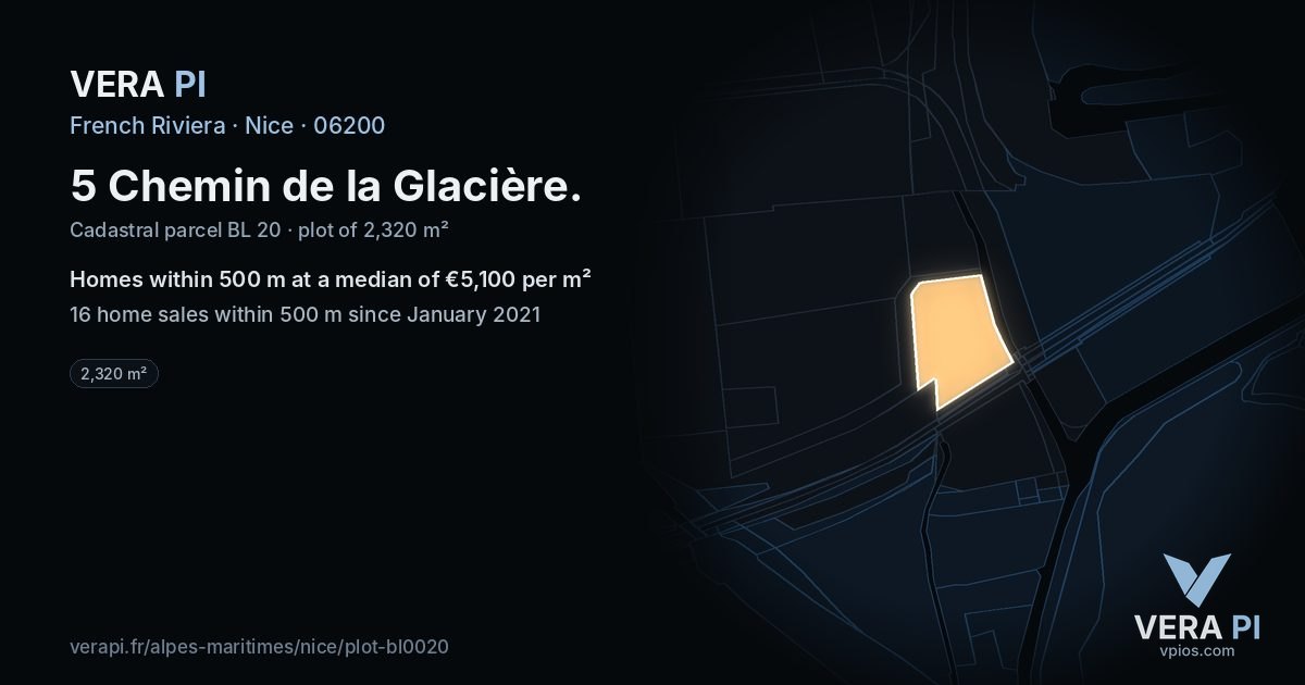 5 Chemin de la Glacière, Nice at night – the plot lit, the parcels around coloured by the prices near them