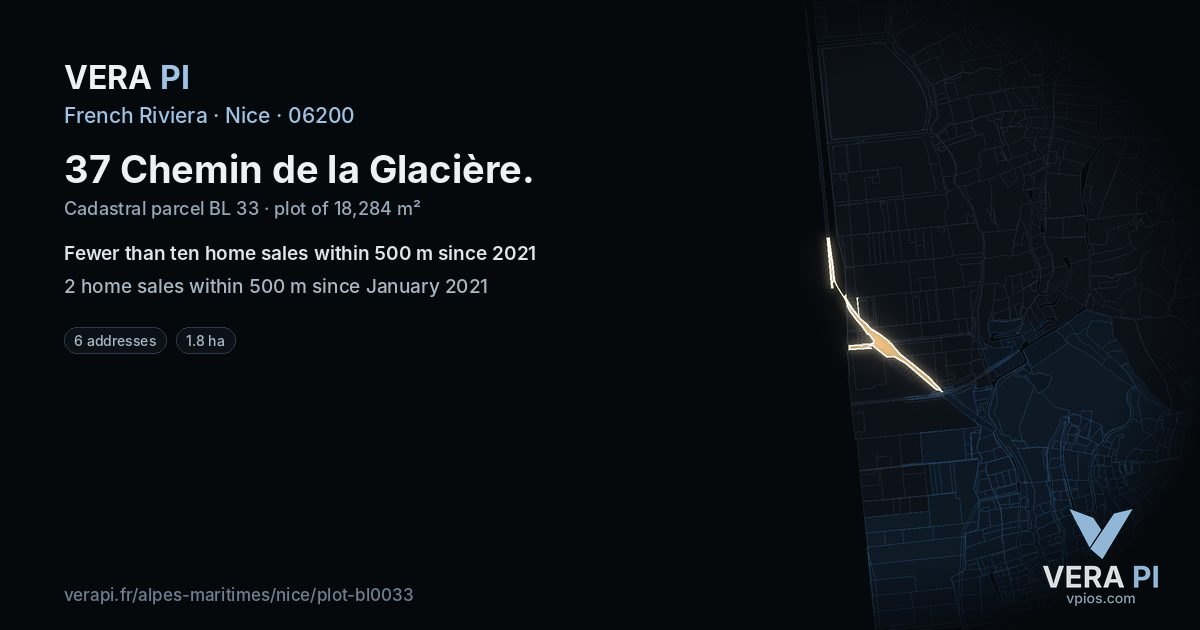 37 Chemin de la Glacière, Nice at night – the plot lit, the parcels around coloured by the prices near them