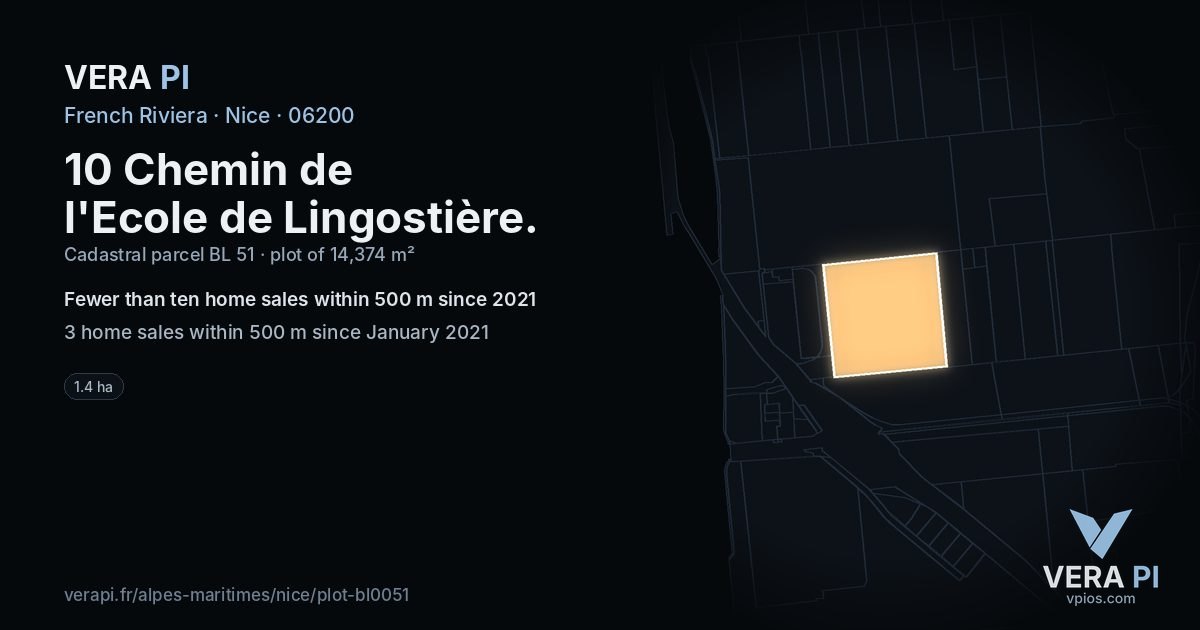 10 Chemin de l'Ecole de Lingostière, Nice at night – the plot lit, the parcels around coloured by the prices near them