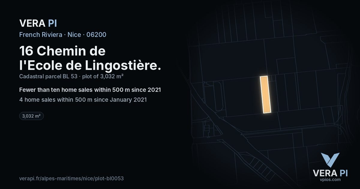 16 Chemin de l'Ecole de Lingostière, Nice at night – the plot lit, the parcels around coloured by the prices near them