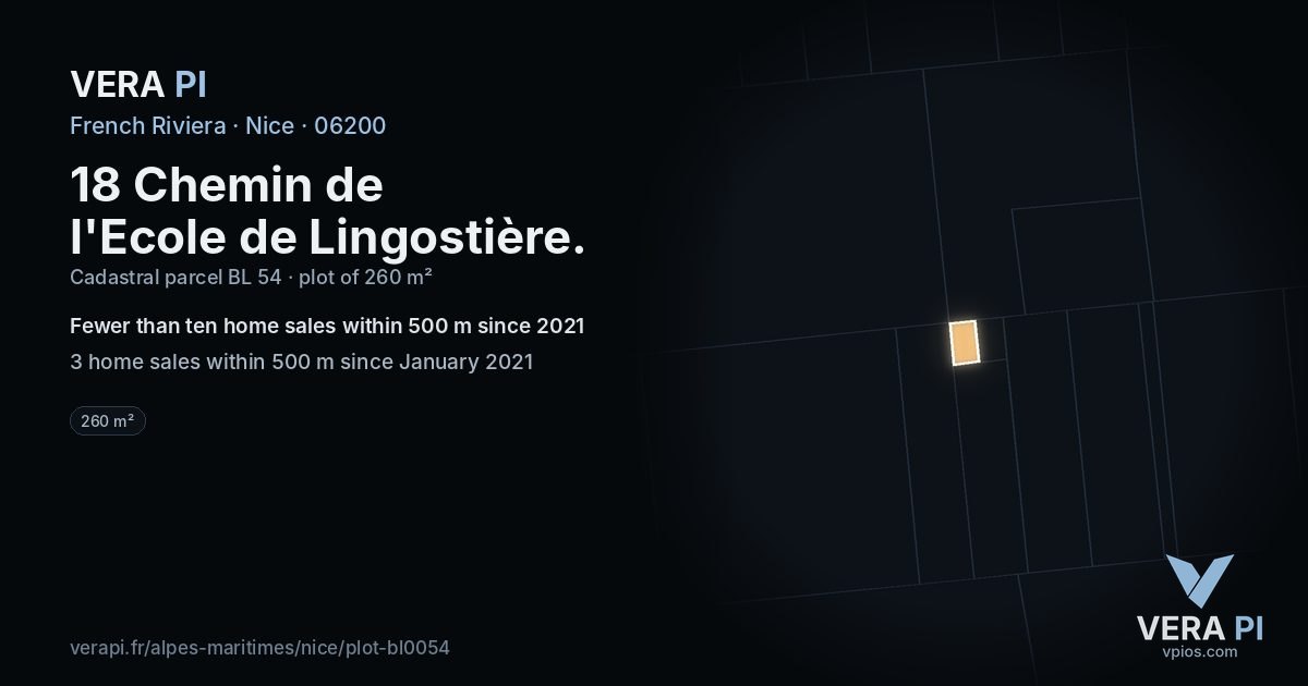 18 Chemin de l'Ecole de Lingostière, Nice at night – the plot lit, the parcels around coloured by the prices near them