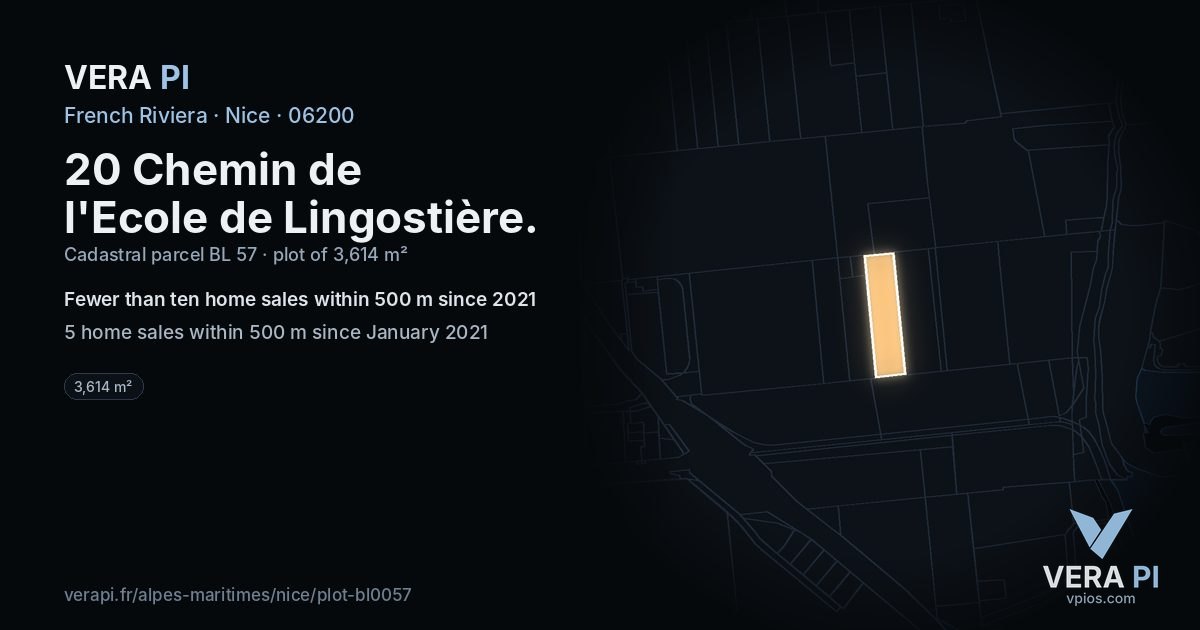 20 Chemin de l'Ecole de Lingostière, Nice at night – the plot lit, the parcels around coloured by the prices near them