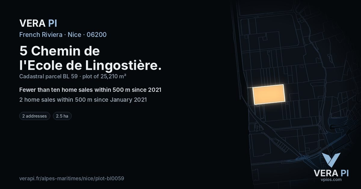 5 Chemin de l'Ecole de Lingostière, Nice at night – the plot lit, the parcels around coloured by the prices near them