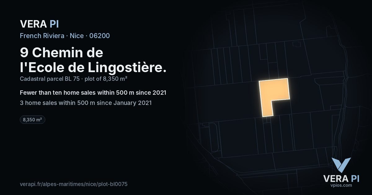 9 Chemin de l'Ecole de Lingostière, Nice at night – the plot lit, the parcels around coloured by the prices near them