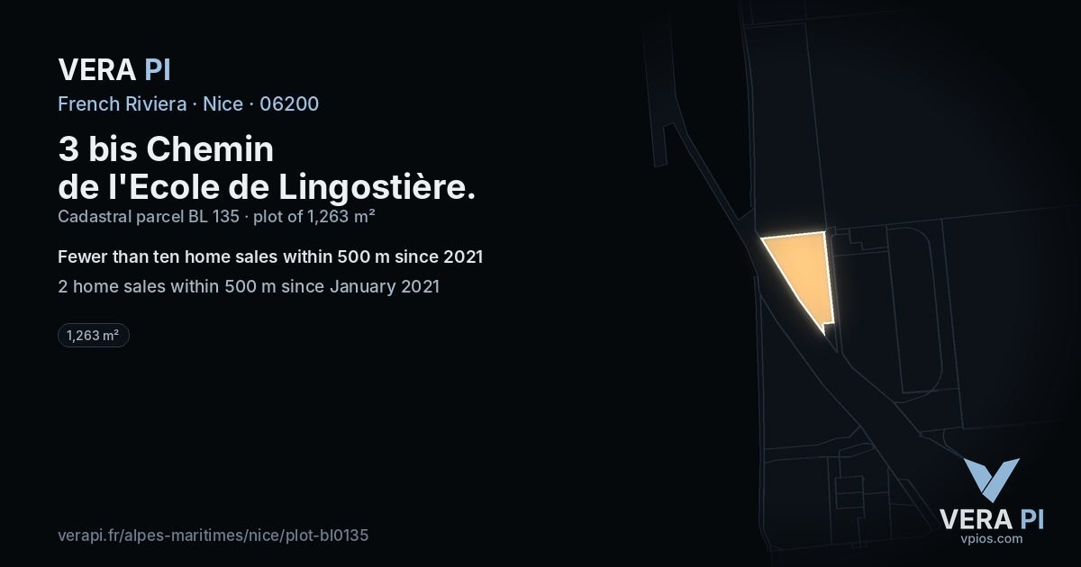 3 bis Chemin de l'Ecole de Lingostière, Nice at night – the plot lit, the parcels around coloured by the prices near them