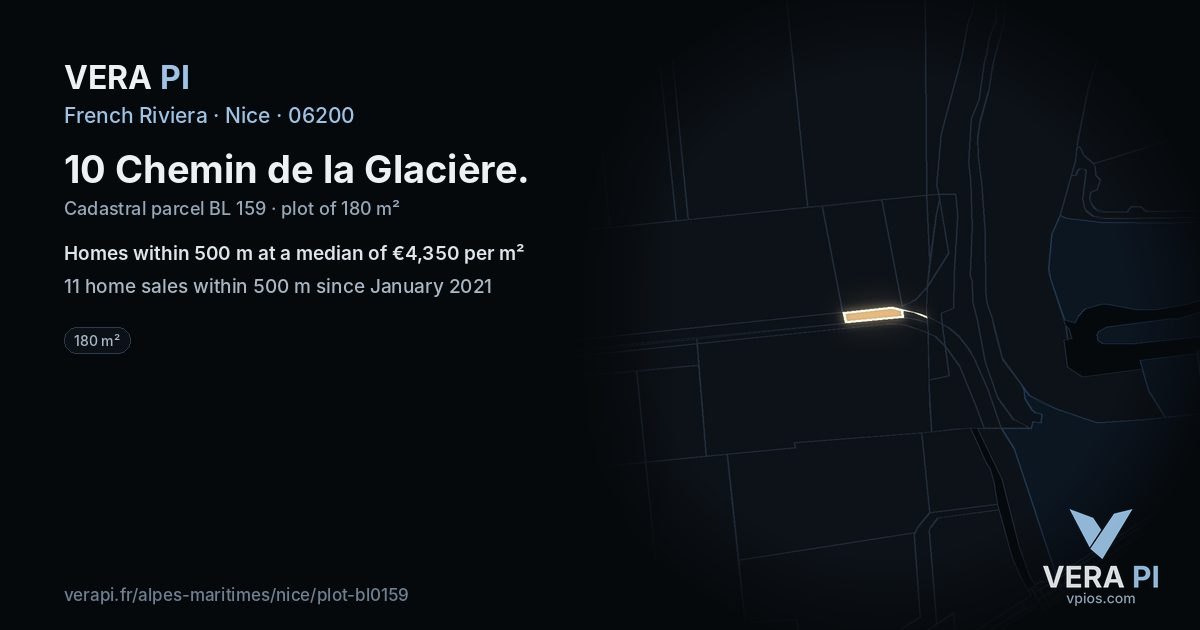 10 Chemin de la Glacière, Nice at night – the plot lit, the parcels around coloured by the prices near them