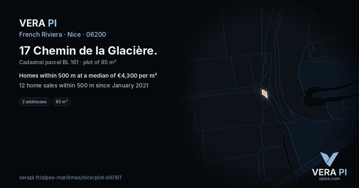 17 Chemin de la Glacière, Nice at night – the plot lit, the parcels around coloured by the prices near them
