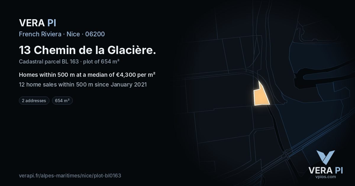 13 Chemin de la Glacière, Nice at night – the plot lit, the parcels around coloured by the prices near them