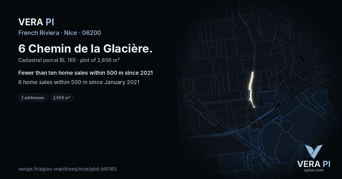 6 Chemin de la Glacière, Nice at night – the plot lit, the parcels around coloured by the prices near them