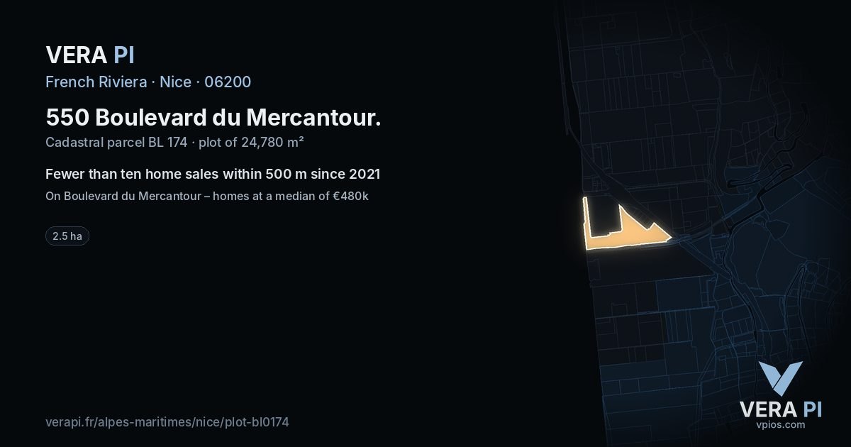 550 Boulevard du Mercantour, Nice at night – the plot lit, the parcels around coloured by the prices near them
