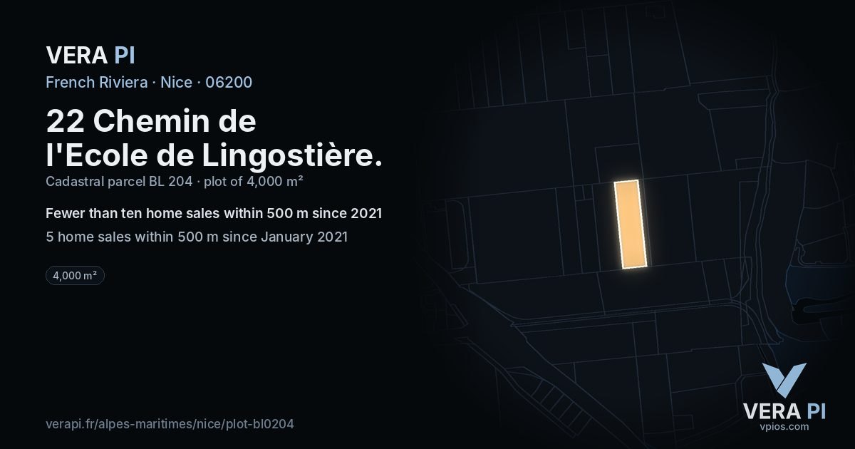 22 Chemin de l'Ecole de Lingostière, Nice at night – the plot lit, the parcels around coloured by the prices near them
