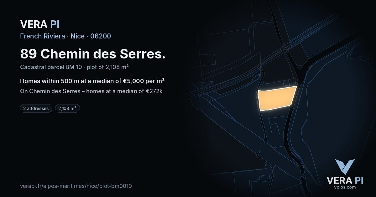 89 Chemin des Serres, Nice at night – the plot lit, the parcels around coloured by the prices near them