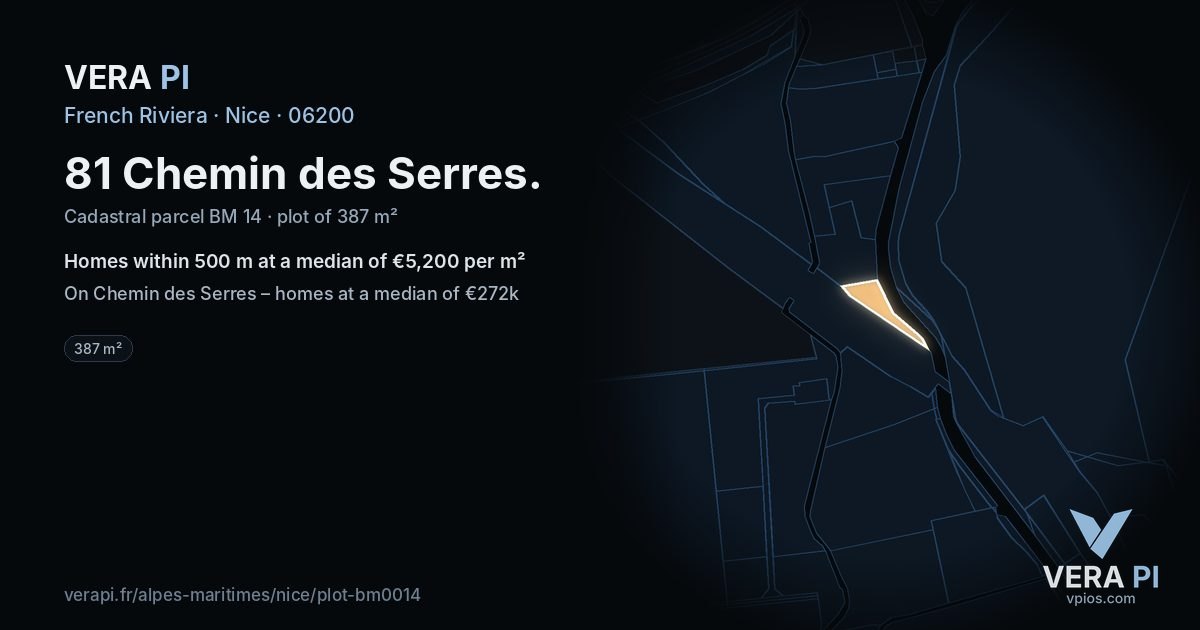 81 Chemin des Serres, Nice at night – the plot lit, the parcels around coloured by the prices near them